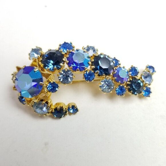 Vintage Blue Rhinestone Cluster Brooch, Made in Austria, Retro 50s Sparkle - Picture 7 of 7